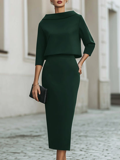 Elegant Women's Skirt Set with Boat Neck Top & Midi Skirt for Timeless Style