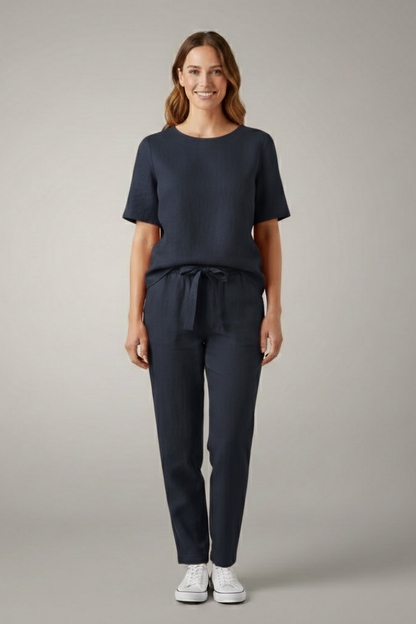 Elegant Women's Two Piece Set | Short Sleeve Top with Tapered Trousers for Effortless Style