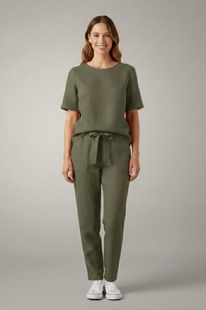 Elegant Women's Two Piece Set | Short Sleeve Top with Tapered Trousers for Effortless Style