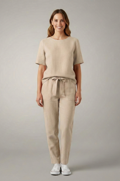 Elegant Women's Two Piece Set | Short Sleeve Top with Tapered Trousers for Effortless Style
