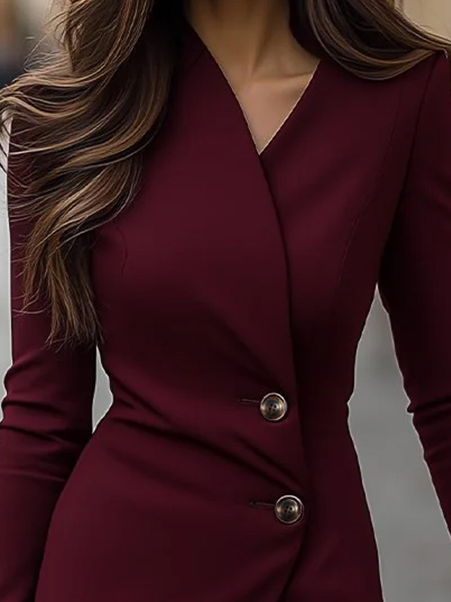 Elegant Wrap Midi Dress | Women's Dress in Burgundy Cotton Blend with Button Details for Effortless Sophistication