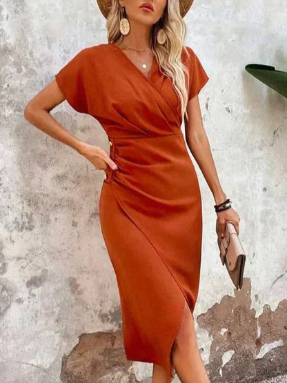 Elegant Wrap V Neck Midi Dress | Flattering Summer Dress for Weddings and Events