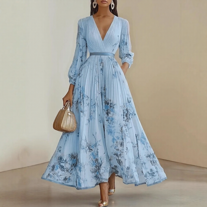 Elegant | Floral Maxi Dress with V-Neck & Ribbon Tie | Effortless Style for Women