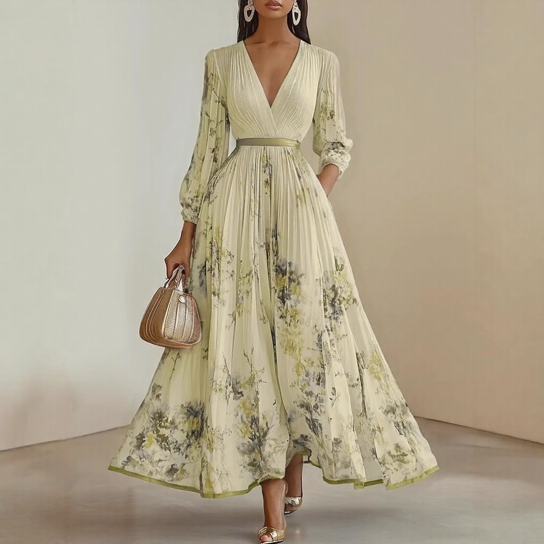 Elegant | Floral Maxi Dress with V-Neck & Ribbon Tie | Effortless Style for Women
