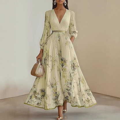 Elegant | Floral Maxi Dress with V-Neck & Ribbon Tie | Effortless Style for Women