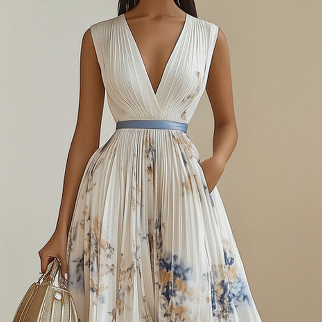 Elegant | Floral Maxi Dress with V-Neck & Ribbon Tie | Effortless Style for Women