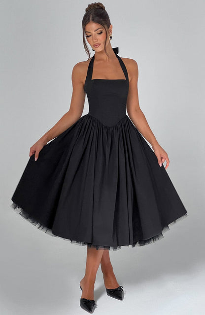 Elegant | Women's Cocktail Dress with Halter Neck Design | Flattering Midi Length for Wedding Guests