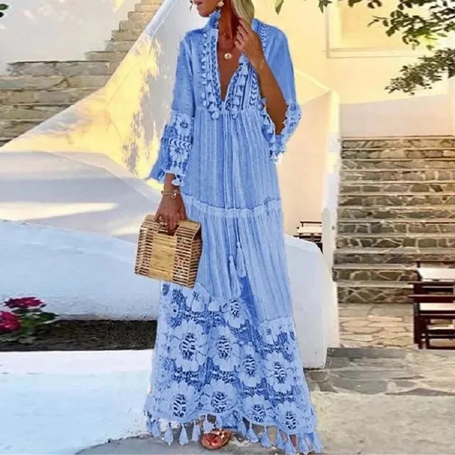 Eloura-Moda | Women's Long Boho Dress with Lace & Tassels | Summer Elegance for Effortless Style