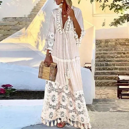 Eloura-Moda | Women's Long Boho Dress with Lace & Tassels | Summer Elegance for Effortless Style
