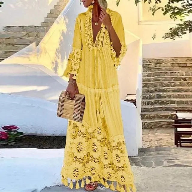 Eloura-Moda | Women's Long Boho Dress with Lace & Tassels | Summer Elegance for Effortless Style