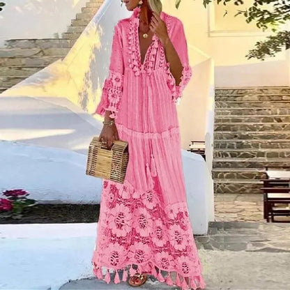 Eloura-Moda | Women's Long Boho Dress with Lace & Tassels | Summer Elegance for Effortless Style