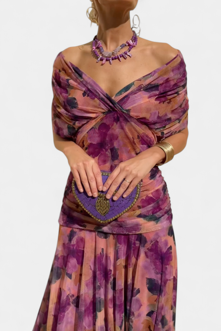 Eryzziah | Women's Floral Print Dress with V-Neckline | Elegant Summer Style for Wedding Guests and Special Occasions