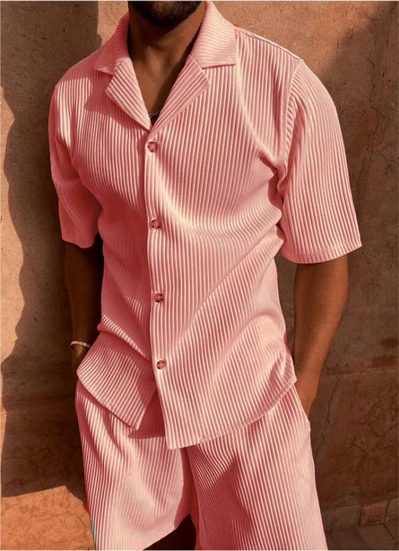 Ethan Collection | Men's Outfit - Ribbed Button-Up Shirt & Shorts Set | Comfortable Summer Look for Effortless Style