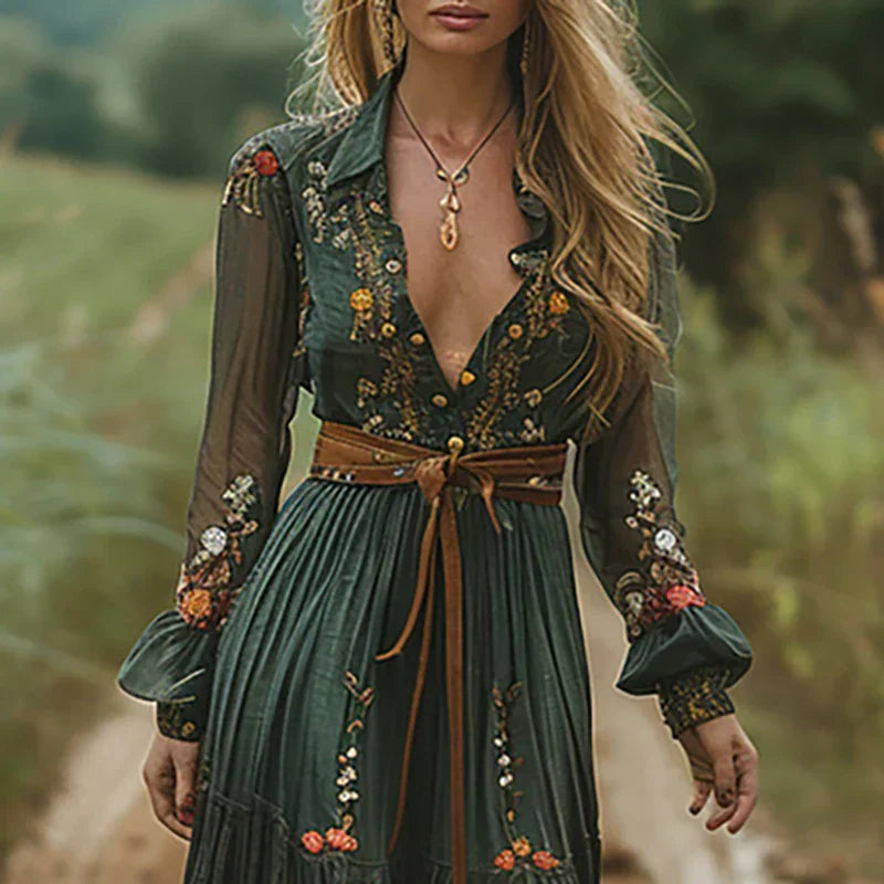 Embroidered Bohemian Maxi Dress - V-Neck Balloon Sleeve Tiered 8
