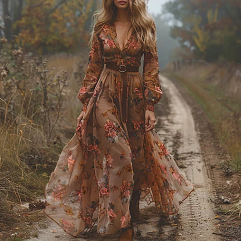 Embroidered Bohemian Maxi Dress - V-Neck Balloon Sleeve Tiered 10