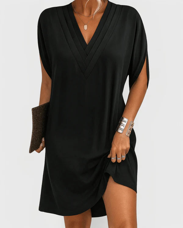 Evelyn Collection | Women's V-Neck Short Sleeve Dress with Side Slit | Chic Summer Style for Any Occasion