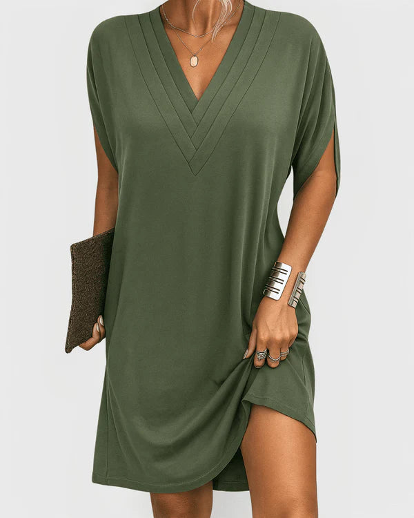 Evelyn Collection | Women's V-Neck Short Sleeve Dress with Side Slit | Chic Summer Style for Any Occasion