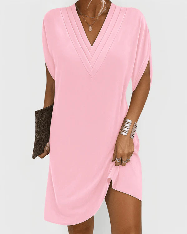 Evelyn Collection | Women's V-Neck Short Sleeve Dress with Side Slit | Chic Summer Style for Any Occasion