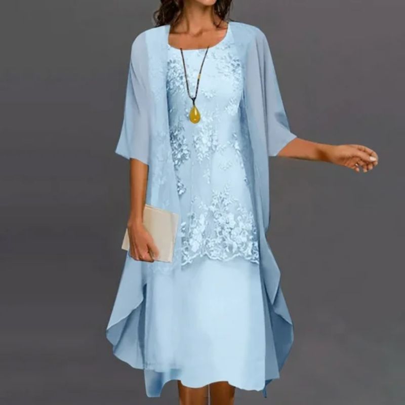 Floral Lace Midi Dress Set with Chiffon Cardigan | Elegant Women's Dress for Special Occasions