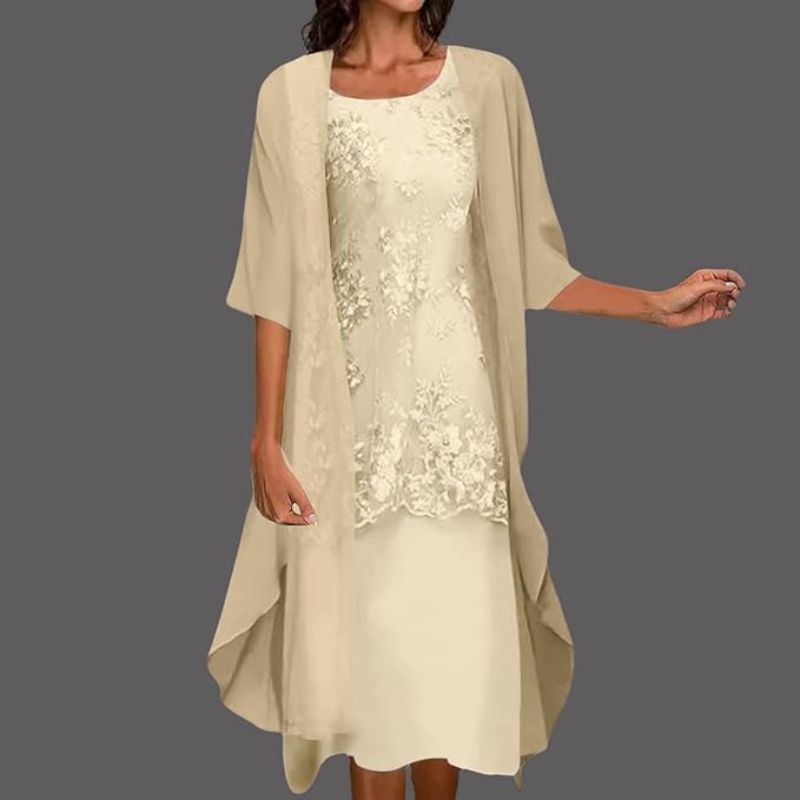 Floral Lace Midi Dress Set with Chiffon Cardigan | Elegant Women's Dress for Special Occasions