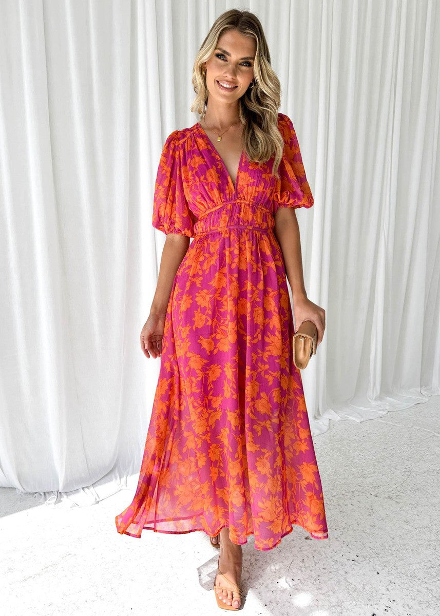 Floral Maxi Dress | Women's Summer Dress with V Neck Design | Elegant Wedding Guest Outfit for Special Occasions