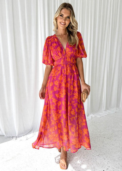 Floral Maxi Dress | Women's Summer Dress with V Neck Design | Elegant Wedding Guest Outfit for Special Occasions