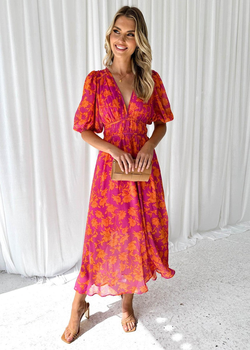 Floral Maxi Dress | Women's Summer Dress with V Neck Design | Elegant Wedding Guest Outfit for Special Occasions