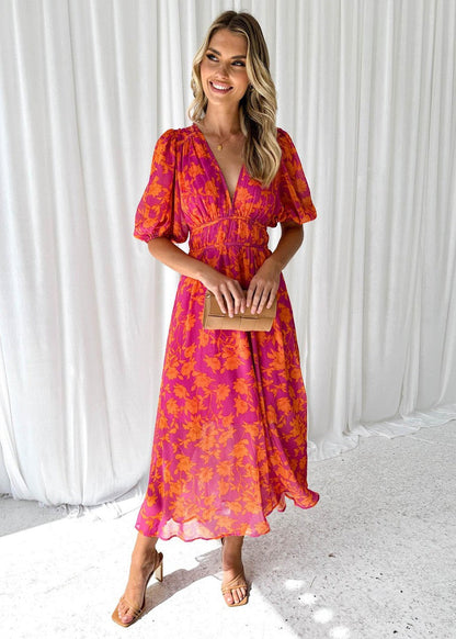 Floral Maxi Dress | Women's Summer Dress with V Neck Design | Elegant Wedding Guest Outfit for Special Occasions
