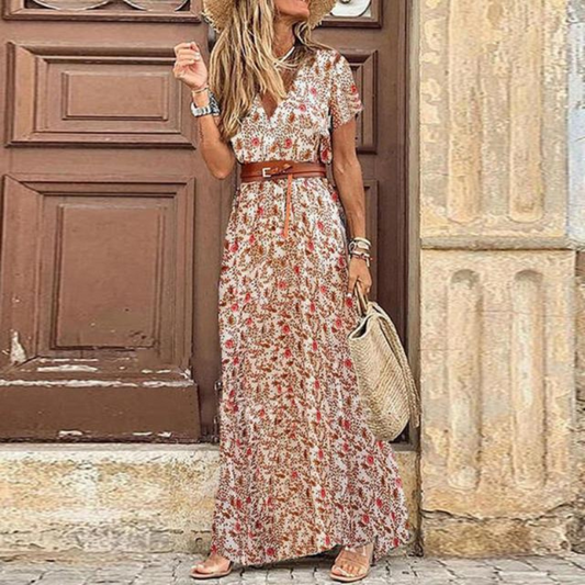 Floral Maxi Dress | Women's V Neck Design with Front Slit & Belt | Effortless Summer Style