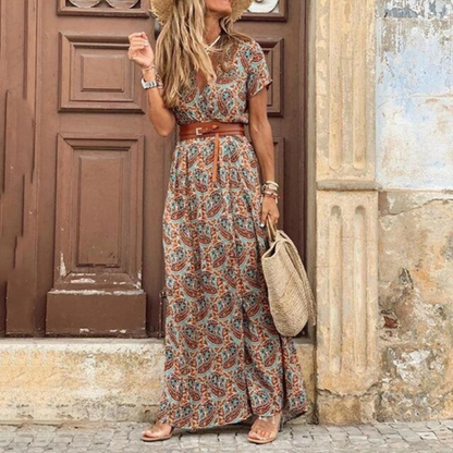 Floral Maxi Dress | Women's V Neck Design with Front Slit & Belt | Effortless Summer Style