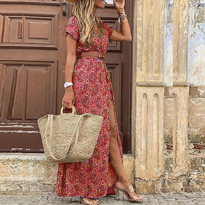 Floral Maxi Dress | Women's V Neck Design with Front Slit & Belt | Effortless Summer Style