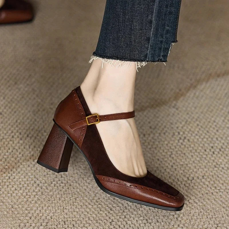 Florence Collection | Women's Pumps with Brogue Stitching | Black Heels for Women with Ankle Strap Comfort