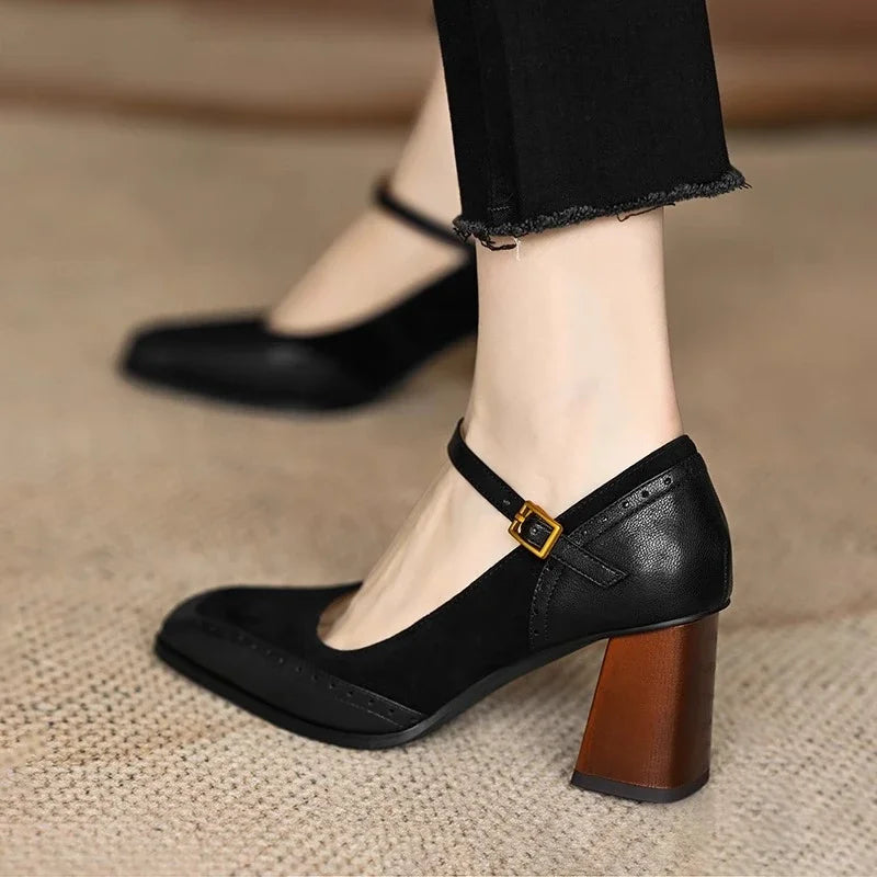 Florence Collection | Women's Pumps with Brogue Stitching | Black Heels for Women with Ankle Strap Comfort