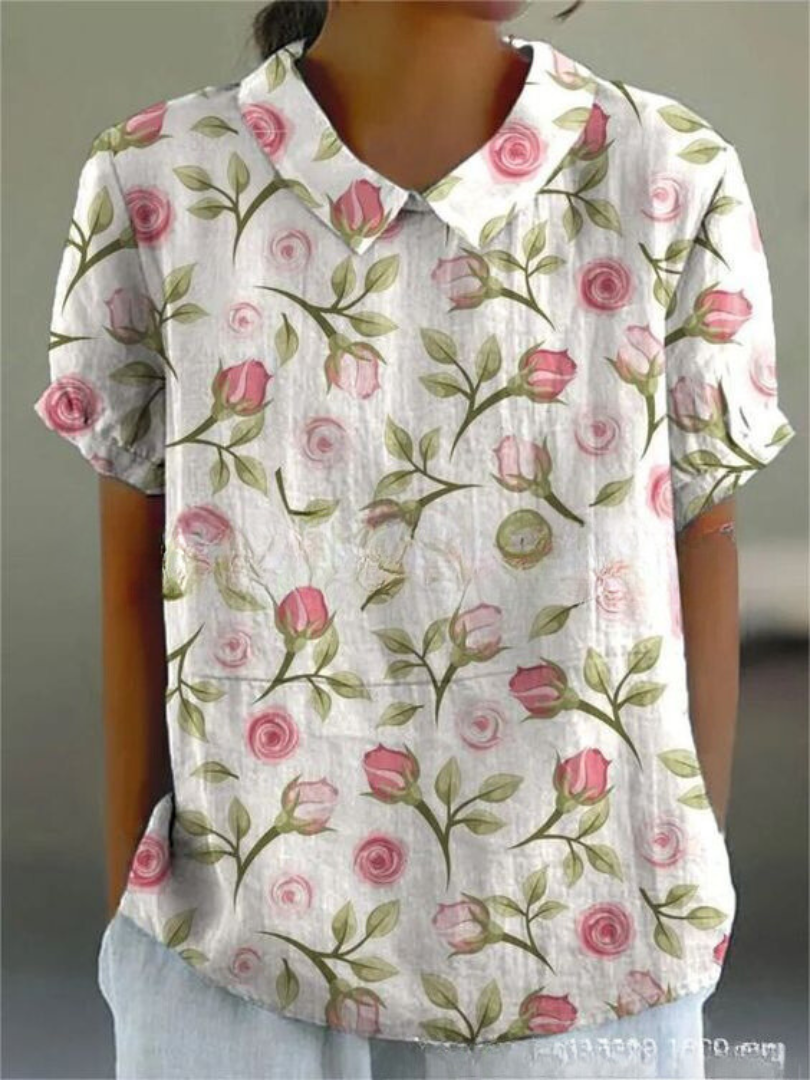 Women's Floral Print Blouse with Collared Neckline & Short Sleeves 5
