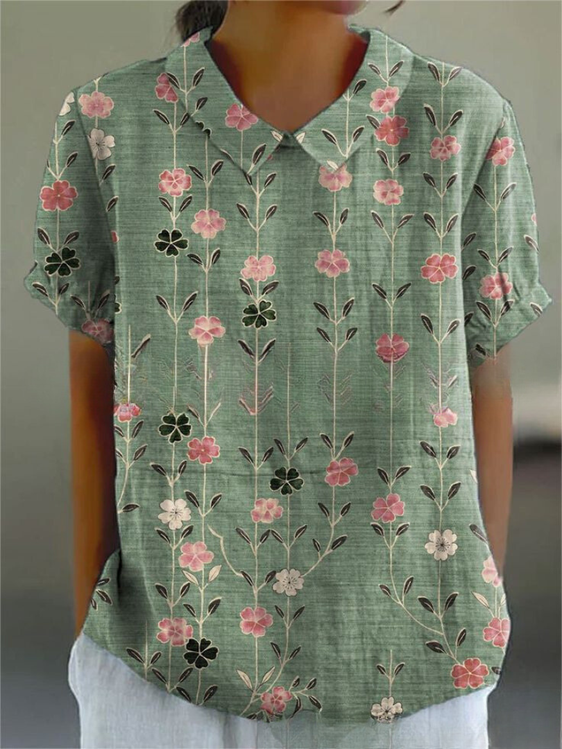 Women's Floral Print Blouse with Collared Neckline & Short Sleeves 7