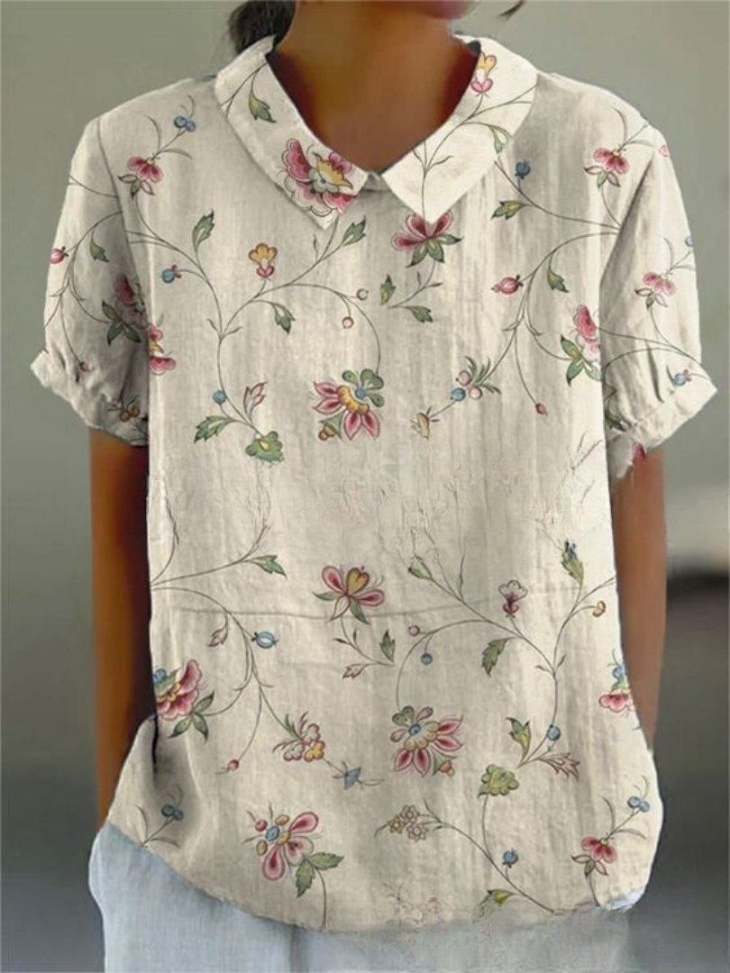 Women's Floral Print Blouse with Collared Neckline & Short Sleeves 3