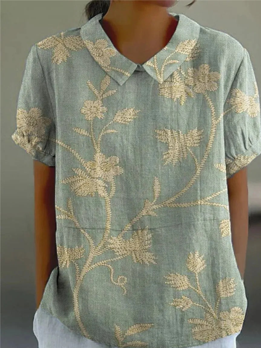 Women's Floral Print Blouse with Collared Neckline & Short Sleeves 1