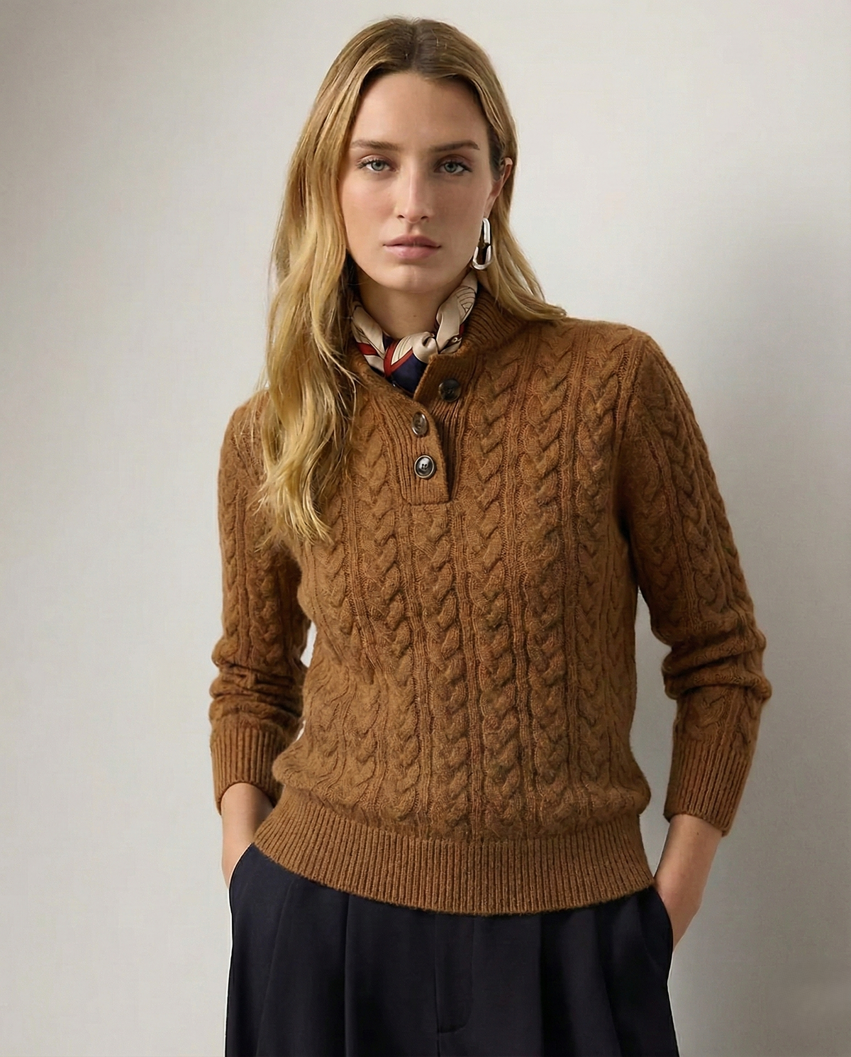 Women's Cable-Knit Cashmere Sweater — Button-Up Stand Collar 1