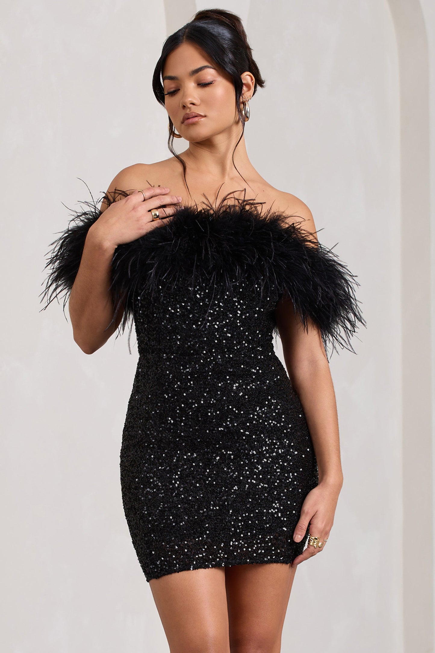 Glamour Collection | Women's Cocktail Dress with Off-Shoulder Sequin Design | Stunning Mini Dress for Special Occasions