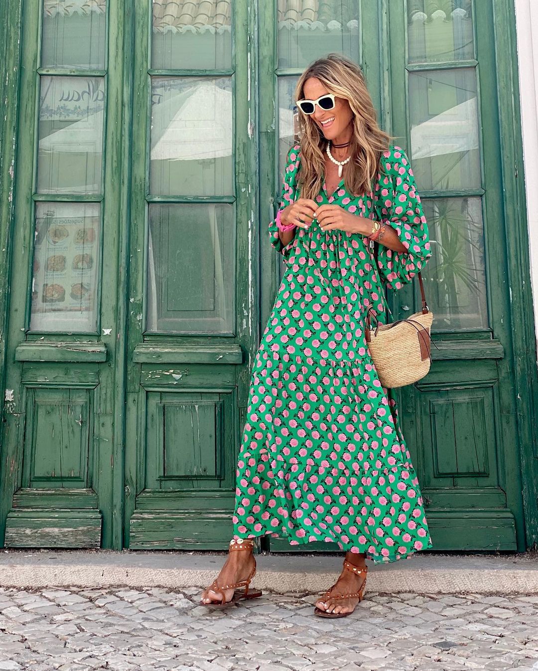Patterned Maxi Dress Women — Long Sleeve V-Neck with Hem Slit 4