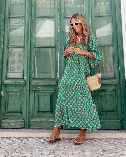 Patterned Maxi Dress Women — Long Sleeve V-Neck with Hem Slit 4