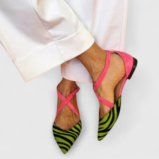 Kara Collection | Pointed Toe Ballet Flats with Zebra Print & Fuchsia Accents | Stylish Comfort for Women
