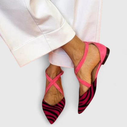 Kara Collection | Pointed Toe Ballet Flats with Zebra Print & Fuchsia Accents | Stylish Comfort for Women