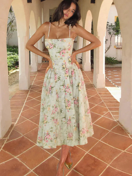 Katherine | Women's Floral Midi Dress with Slim Straps | Elegant Summer Look for Special Events