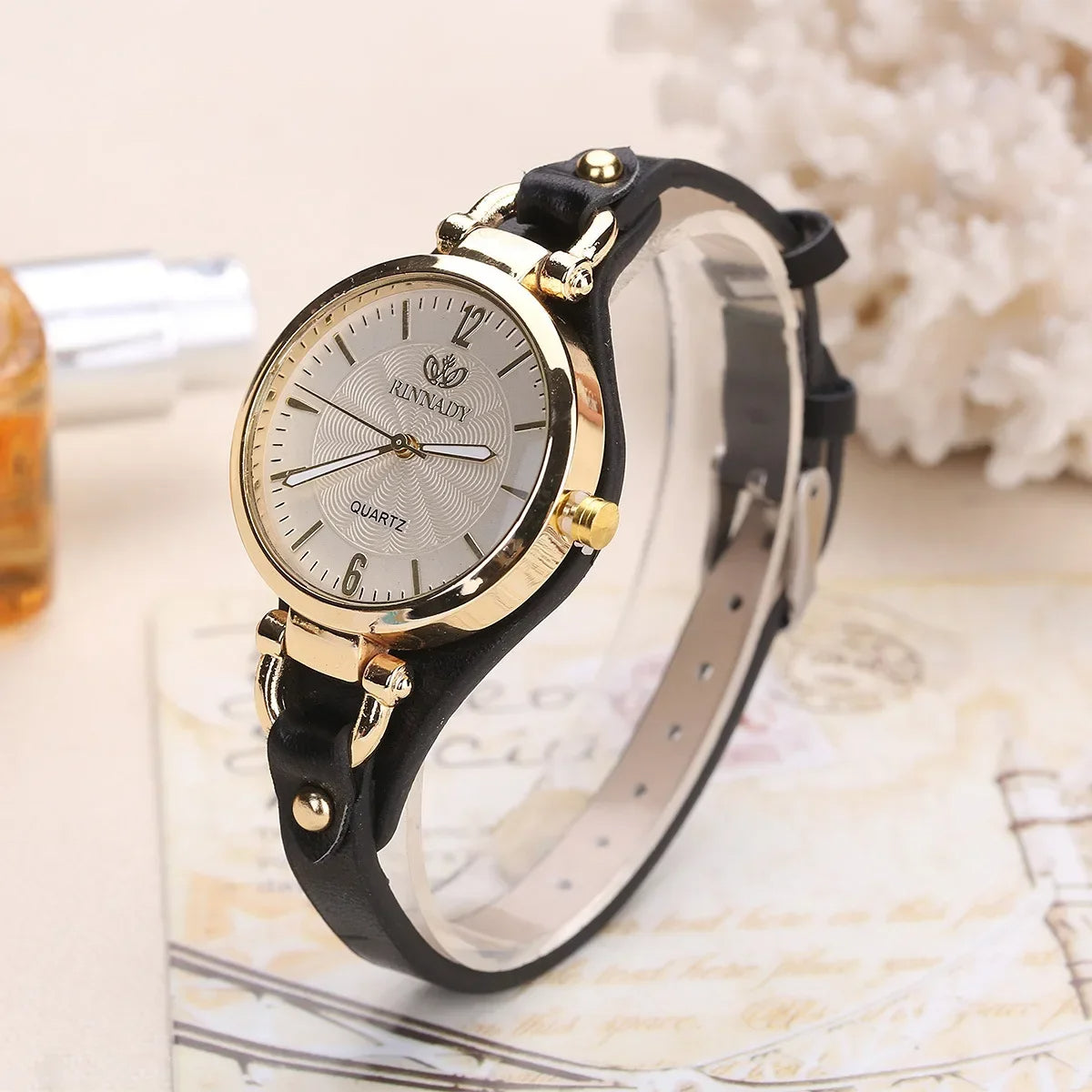 L’Or Blanc | Women's Watch with Gold-Tone Bezel & Vegan Leather Strap | Elegant Quartz Timepiece for Minimalist Style