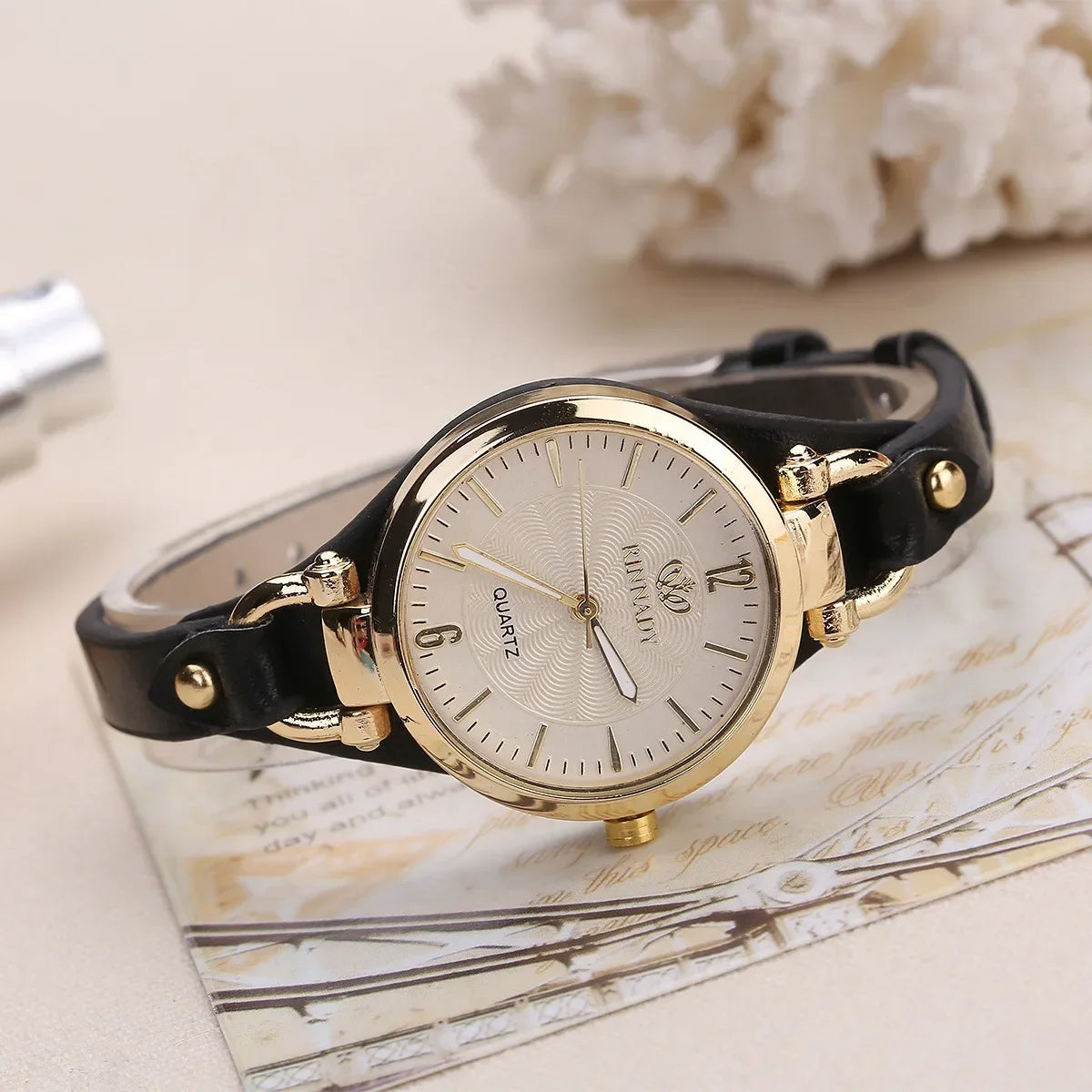 L’Or Blanc | Women's Watch with Gold-Tone Bezel & Vegan Leather Strap | Elegant Quartz Timepiece for Minimalist Style