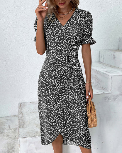 Larissa | Women's Floral Midi Dress with V-Neck & Puff Sleeves | Elegant Summer Wedding Guest Dress