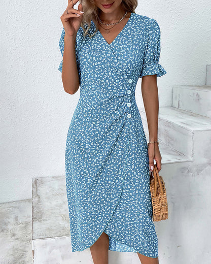 Larissa | Women's Floral Midi Dress with V-Neck & Puff Sleeves | Elegant Summer Wedding Guest Dress