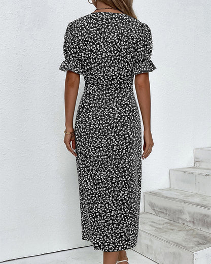 Larissa | Women's Floral Midi Dress with V-Neck & Puff Sleeves | Elegant Summer Wedding Guest Dress