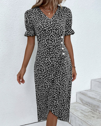Larissa | Women's Floral Midi Dress with V-Neck & Puff Sleeves | Elegant Summer Wedding Guest Dress